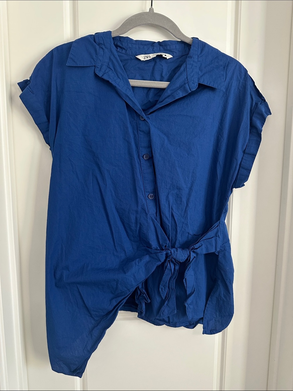 ZARA Cobalt Blue Knot Detail Poplin Short Sleeve Blouse Top Size Large L